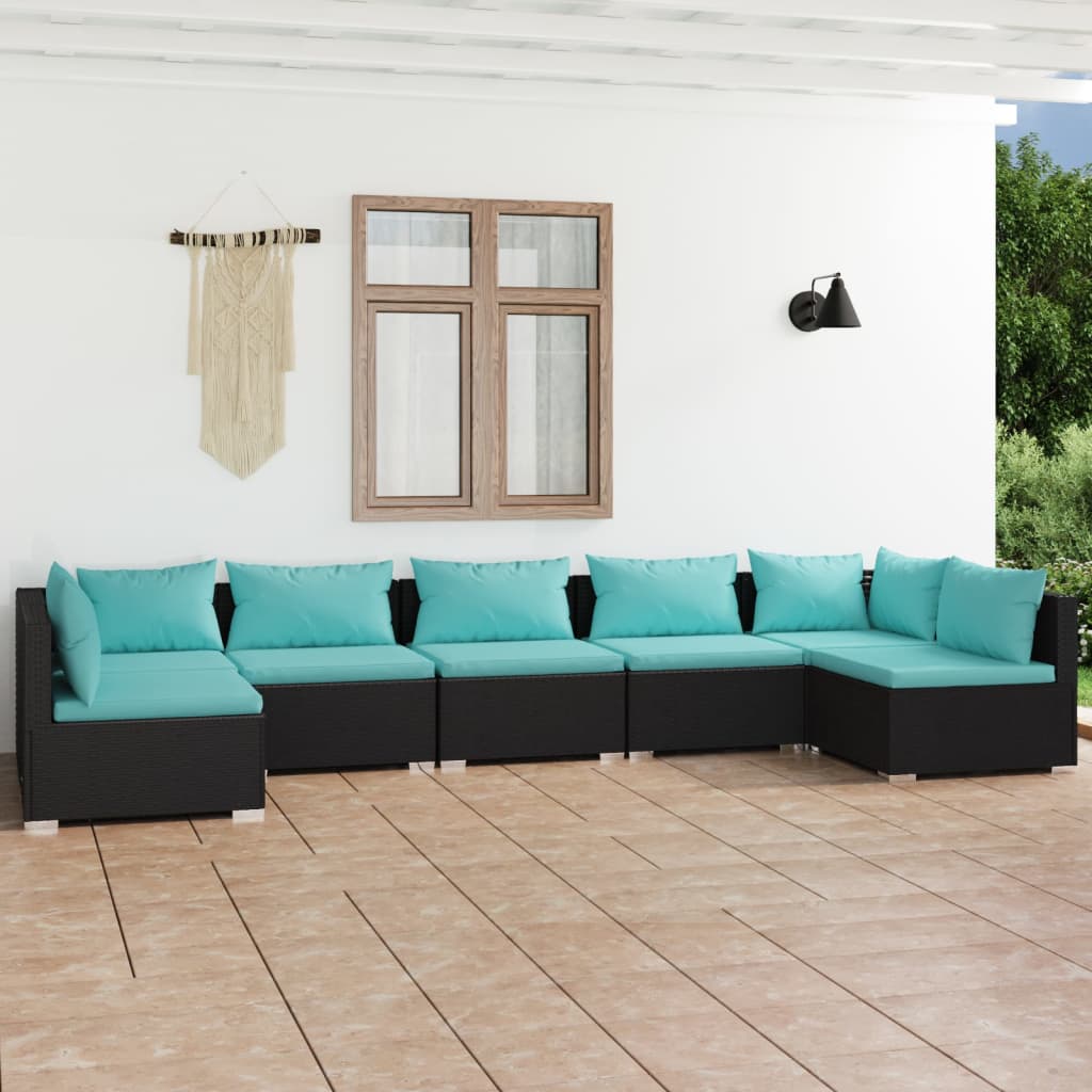 vidaXL 7 Piece Patio Lounge Set with Cushions Poly Rattan Black-0