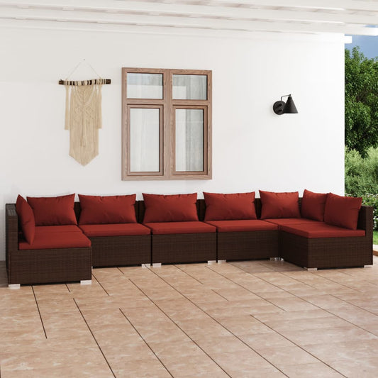 vidaXL 7 Piece Patio Lounge Set with Cushions Poly Rattan Brown-0