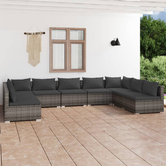 vidaXL 9 Piece Patio Lounge Set with Cushions Poly Rattan Gray-0
