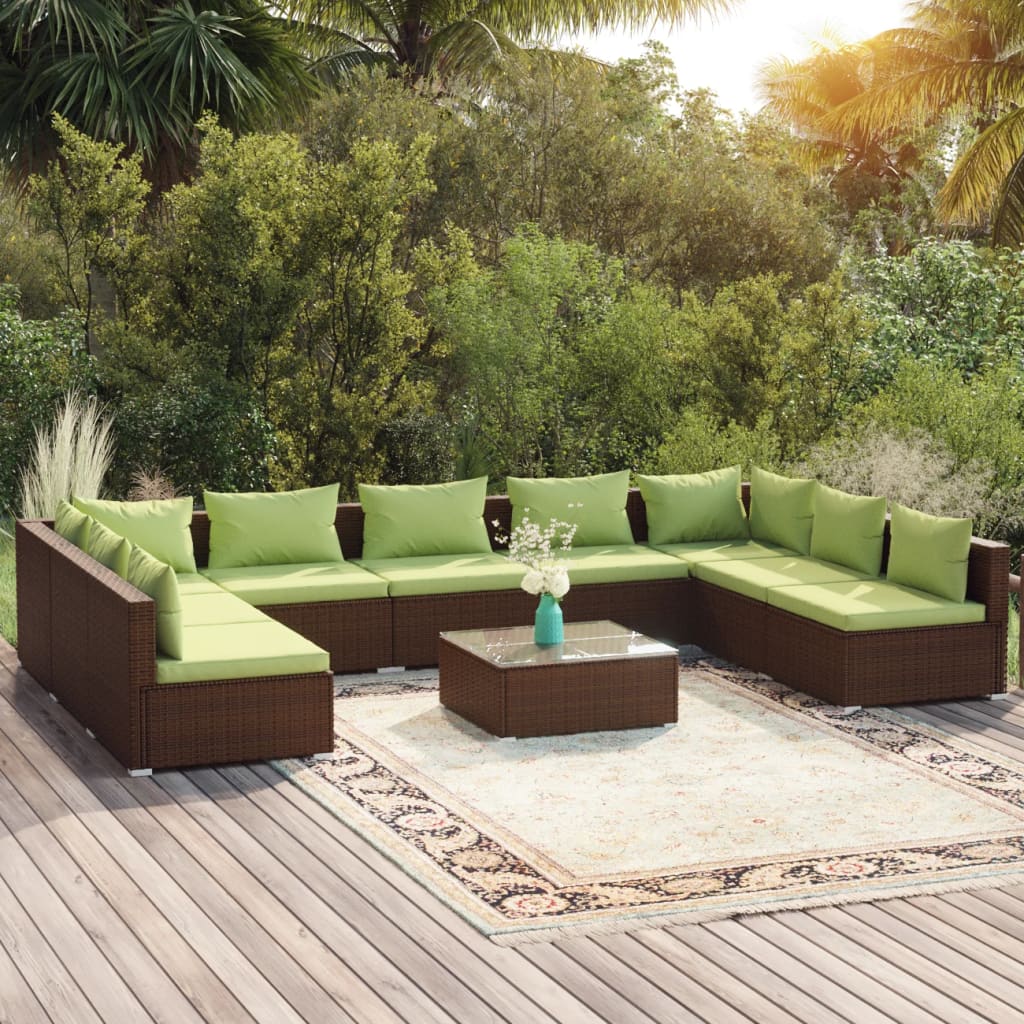 vidaXL 10 Piece Patio Lounge Set with Cushions Poly Rattan Brown-0