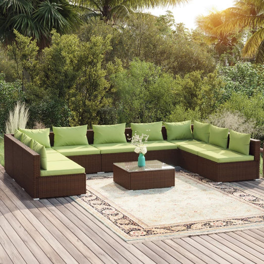 vidaXL 10 Piece Patio Lounge Set with Cushions Poly Rattan Brown-0