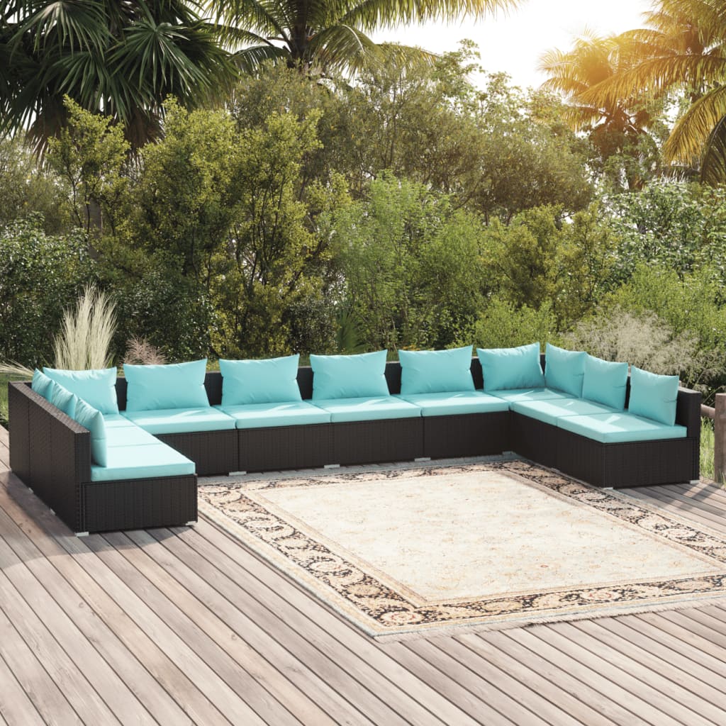 vidaXL 10 Piece Patio Lounge Set with Cushions Poly Rattan Black-0