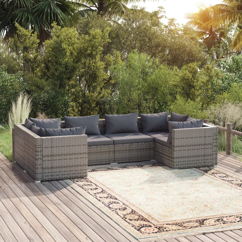 vidaXL 6 Piece Patio Lounge Set with Cushions Poly Rattan Gray-0