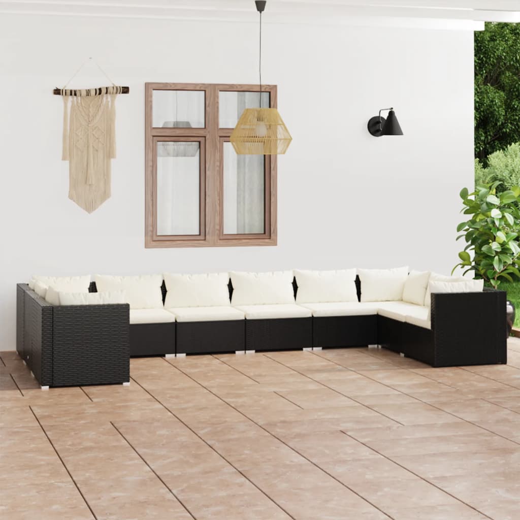 vidaXL 10 Piece Patio Lounge Set with Cushions Poly Rattan Black-0