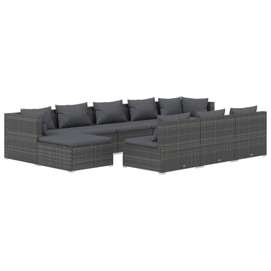 vidaXL 10 Piece Patio Lounge Set with Cushions Gray Poly Rattan-0