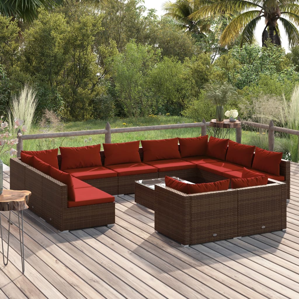 vidaXL 12 Piece Patio Lounge Set with Cushions Brown Poly Rattan-0