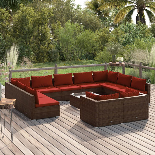 vidaXL 12 Piece Patio Lounge Set with Cushions Brown Poly Rattan-0