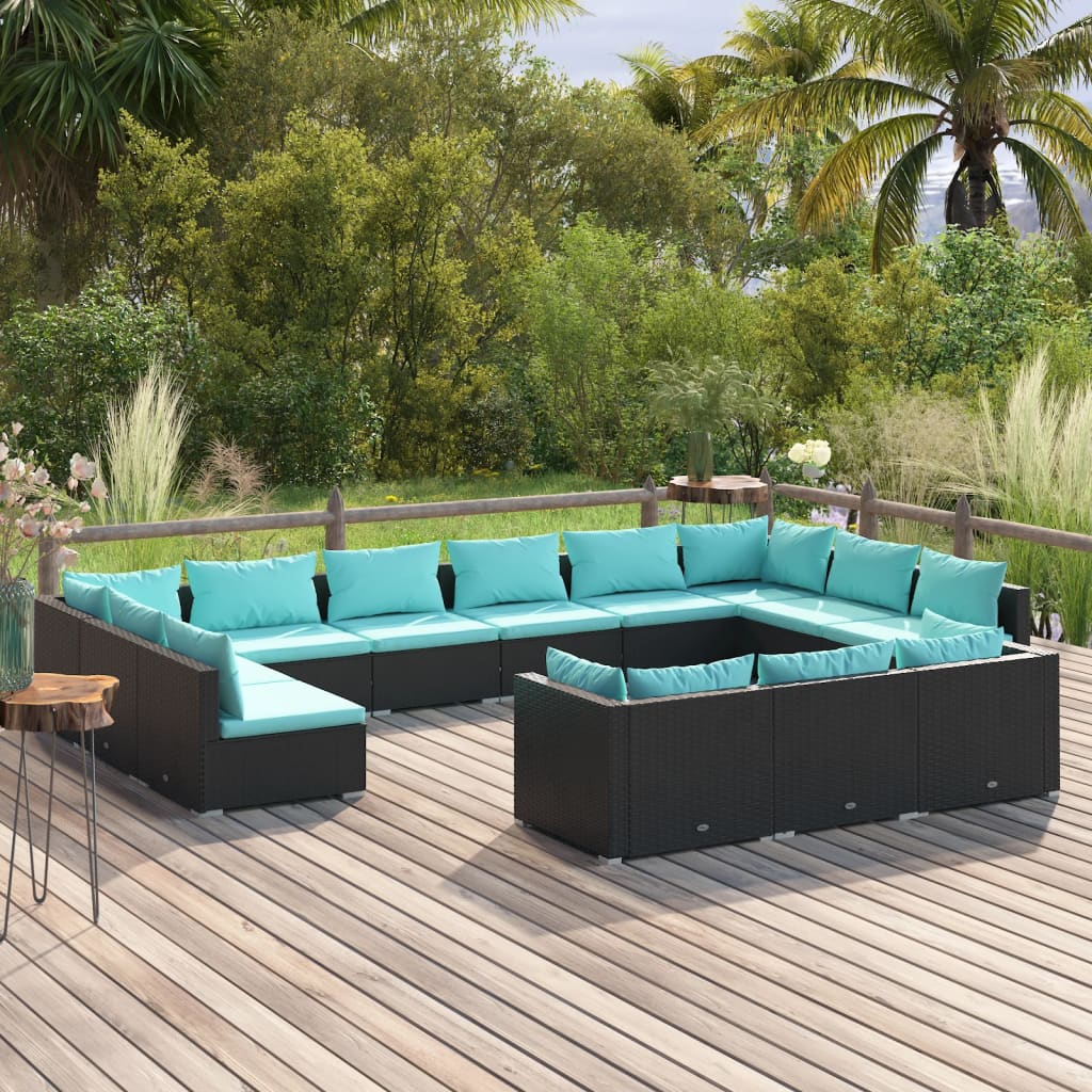vidaXL 13 Piece Patio Lounge Set with Cushions Black Poly Rattan-0