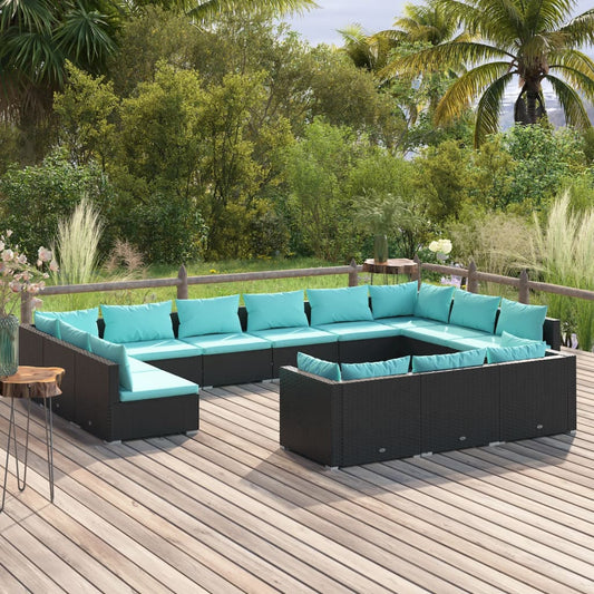 vidaXL 13 Piece Patio Lounge Set with Cushions Black Poly Rattan-0