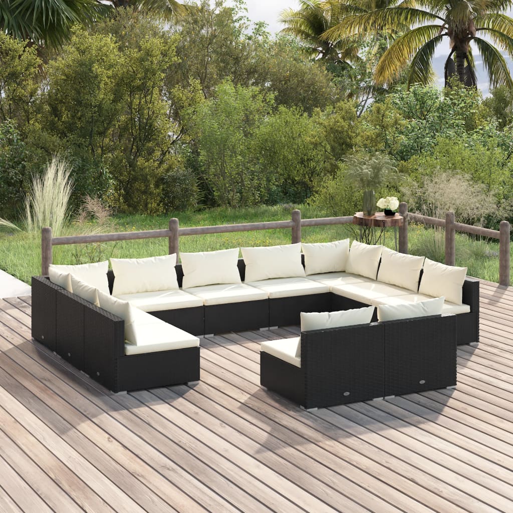 vidaXL 11 Piece Patio Lounge Set with Cushions Black Poly Rattan-0