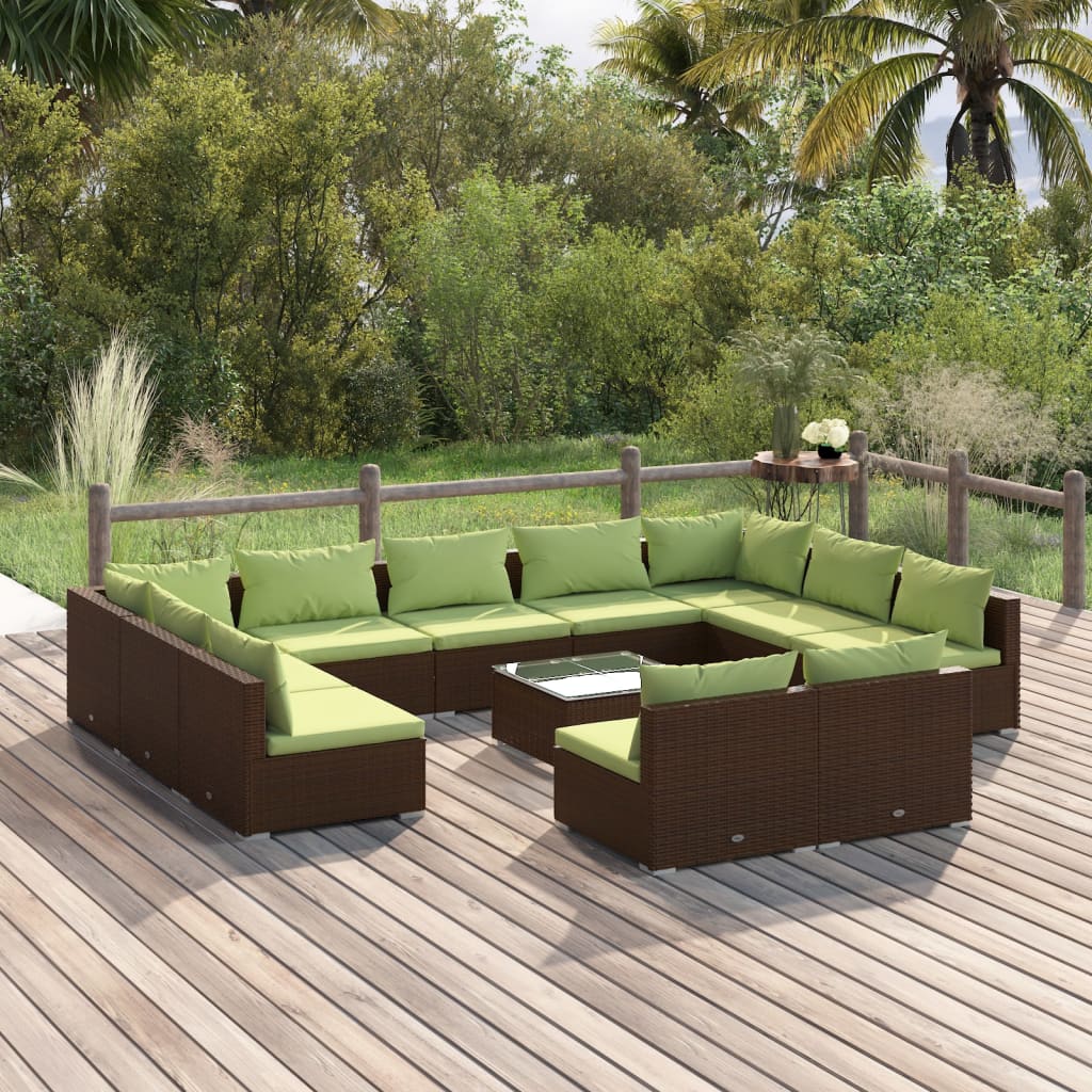 vidaXL 12 Piece Patio Lounge Set with Cushions Brown Poly Rattan-0