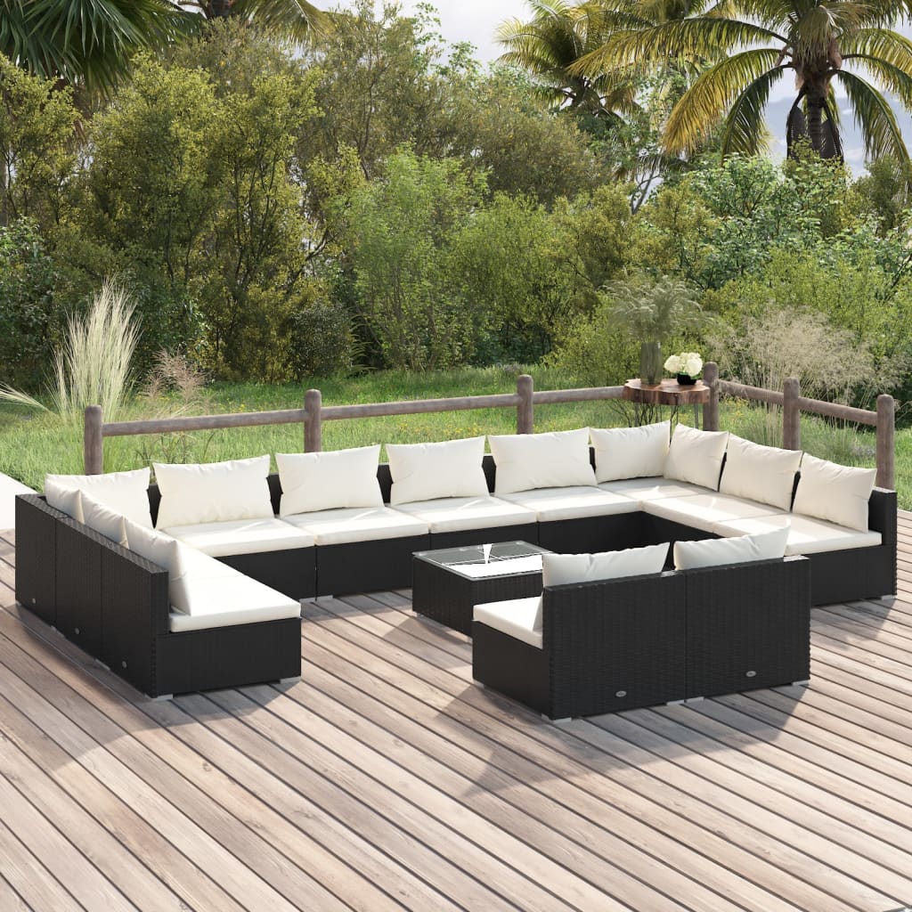 vidaXL 13 Piece Patio Lounge Set with Cushions Black Poly Rattan-0