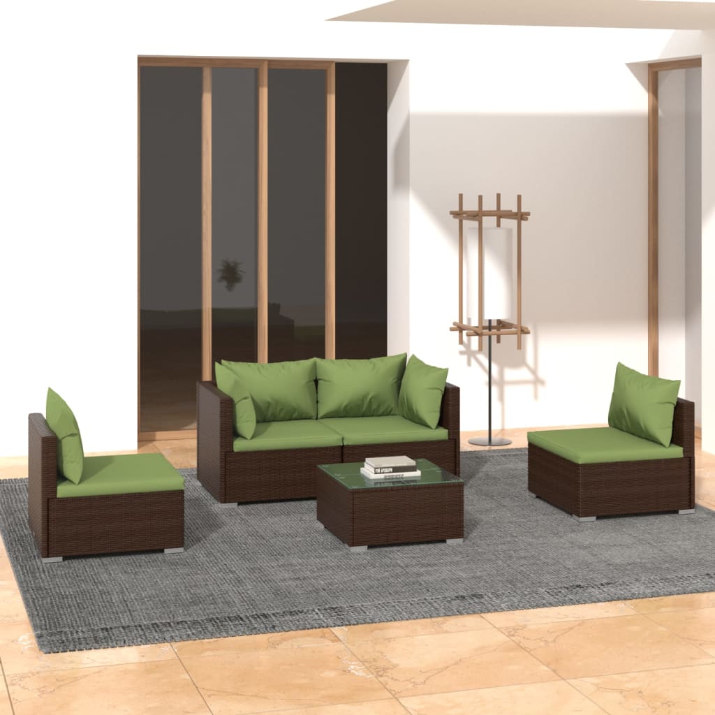 vidaXL 5 Piece Patio Lounge Set with Cushions Poly Rattan Brown-0