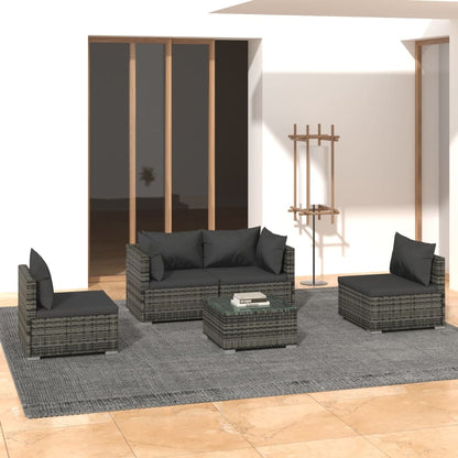 vidaXL 5 Piece Patio Lounge Set with Cushions Poly Rattan Gray-0