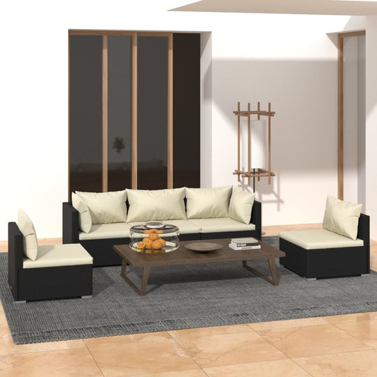 vidaXL 5 Piece Patio Lounge Set with Cushions Poly Rattan Black-0
