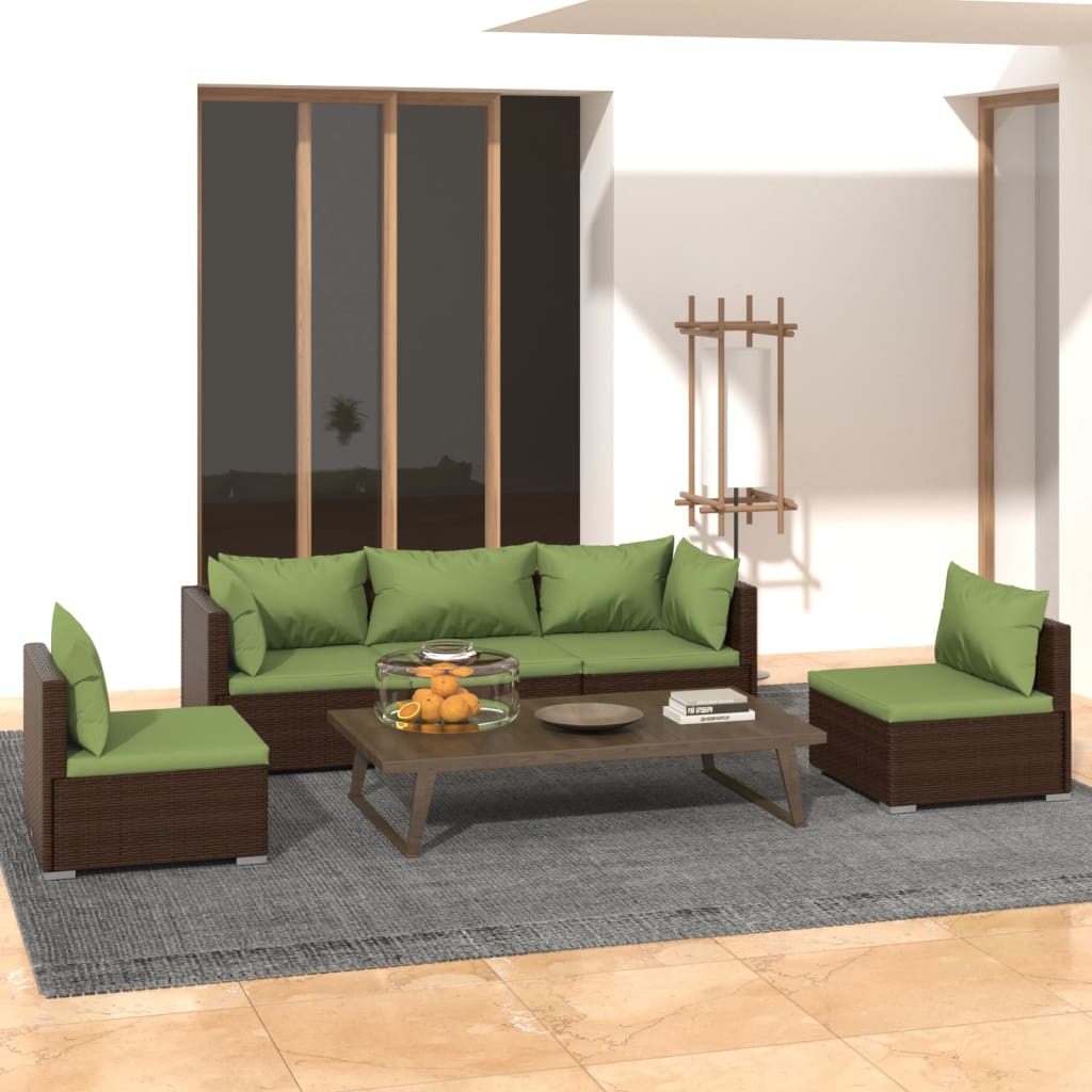 vidaXL 5 Piece Patio Lounge Set with Cushions Poly Rattan Brown-0
