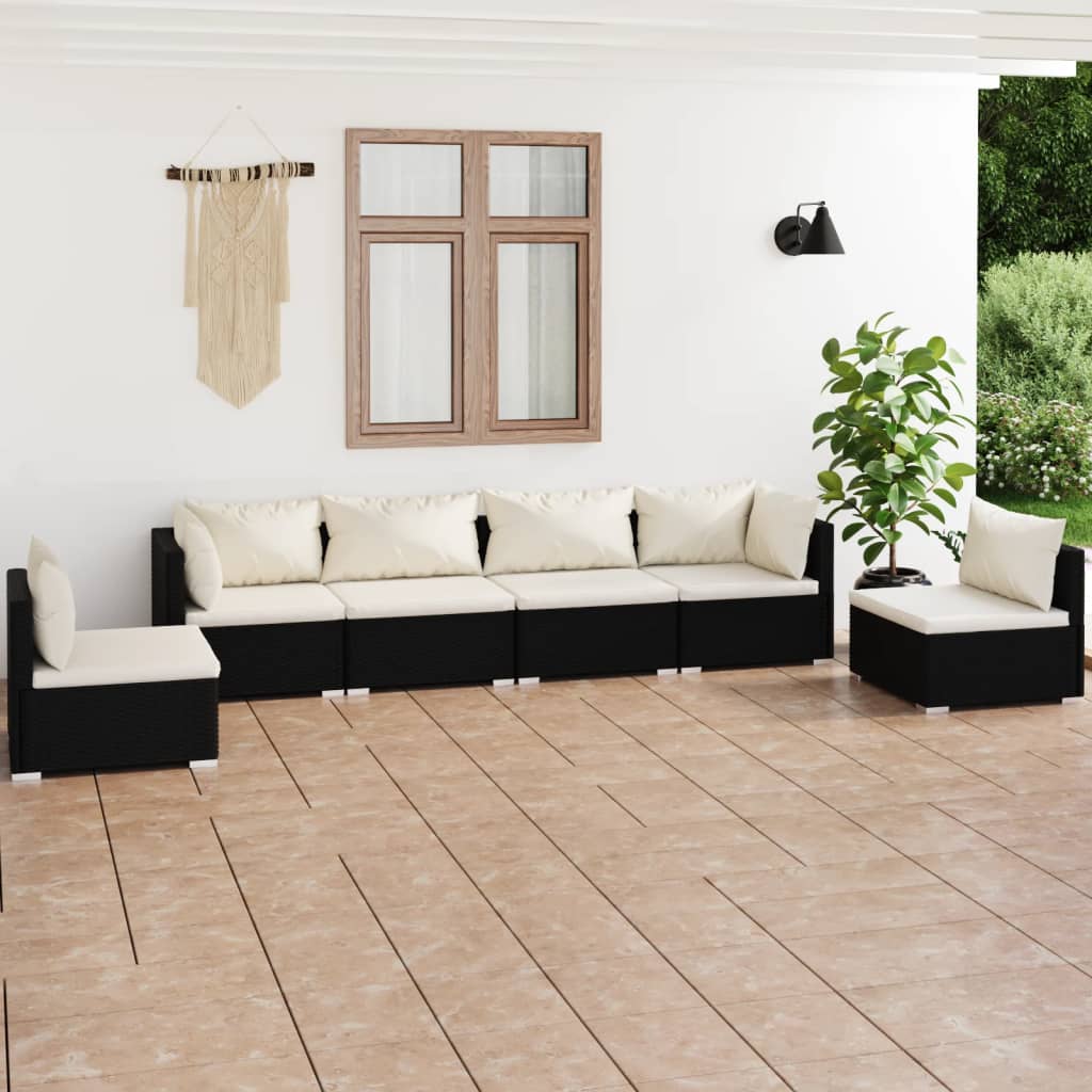 vidaXL 6 Piece Patio Lounge Set with Cushions Poly Rattan Black-0