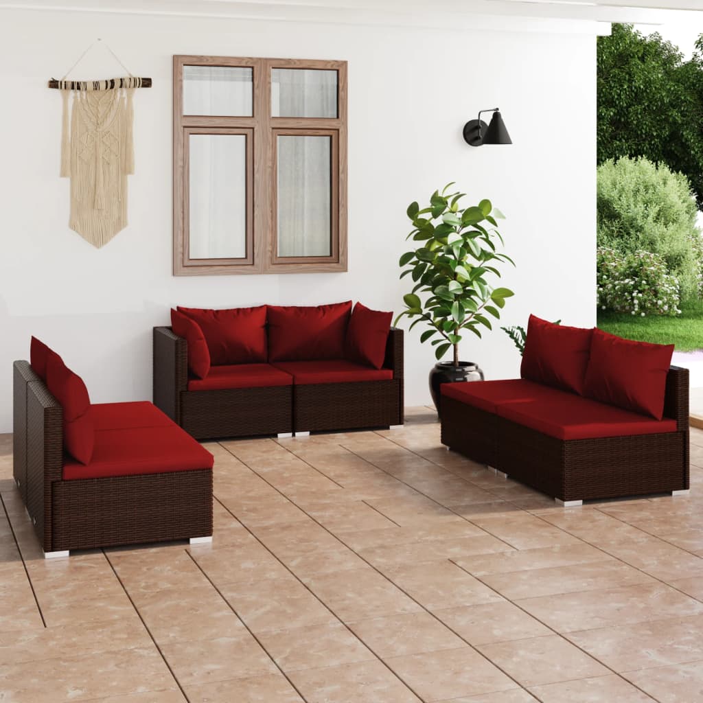 vidaXL 6 Piece Patio Lounge Set with Cushions Poly Rattan Brown-0