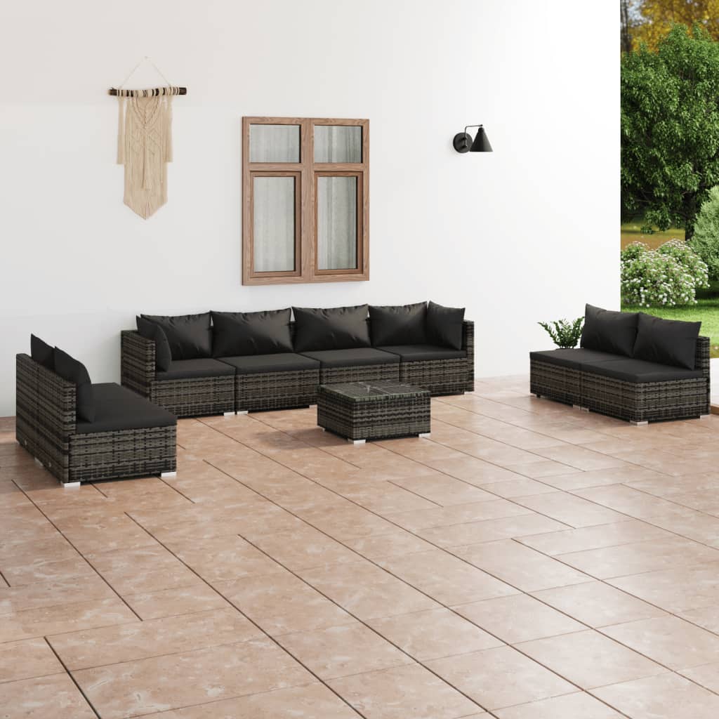 vidaXL 9 Piece Patio Lounge Set with Cushions Poly Rattan Gray-0