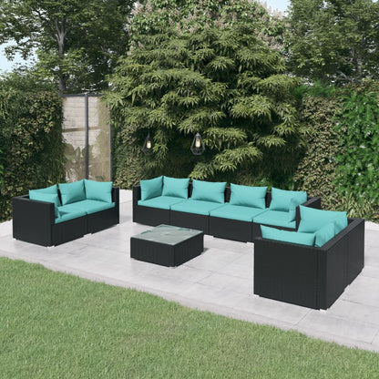 vidaXL 9 Piece Patio Lounge Set with Cushions Poly Rattan Black-0