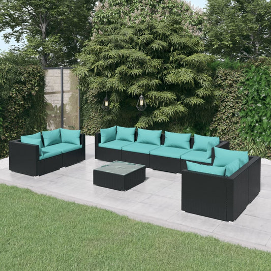 vidaXL 9 Piece Patio Lounge Set with Cushions Poly Rattan Black-0