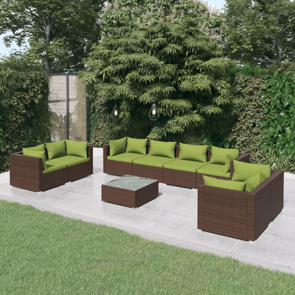 vidaXL 9 Piece Patio Lounge Set with Cushions Poly Rattan Brown-0