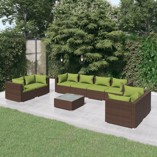 vidaXL 9 Piece Patio Lounge Set with Cushions Poly Rattan Brown-0