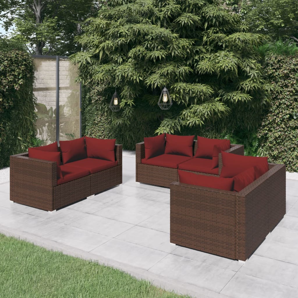 vidaXL 6 Piece Patio Lounge Set with Cushions Poly Rattan Brown-1