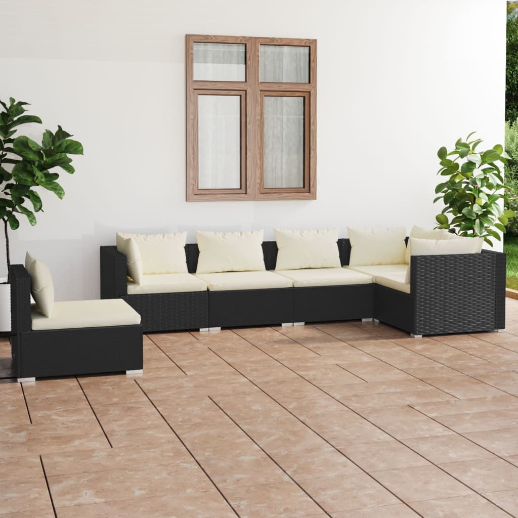 vidaXL 6 Piece Patio Lounge Set with Cushions Poly Rattan Black-0