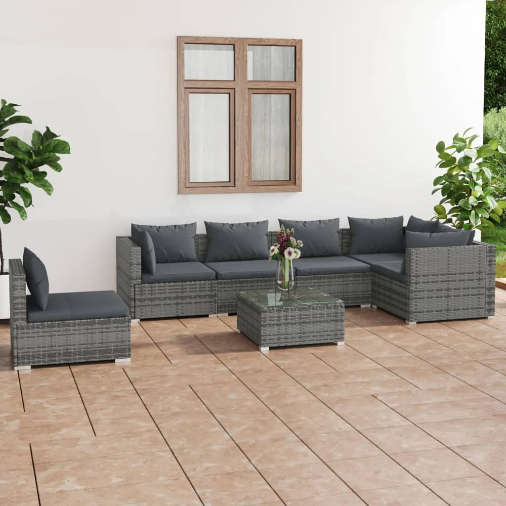 vidaXL 7 Piece Patio Lounge Set with Cushions Poly Rattan Gray-0