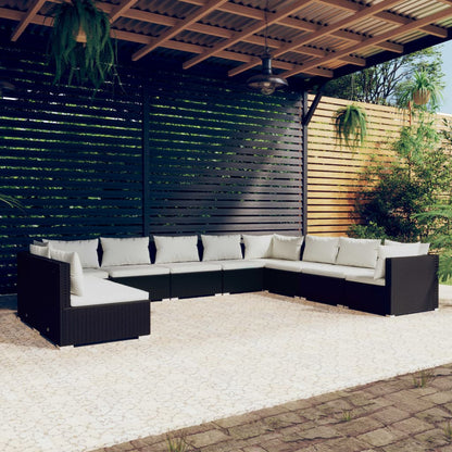 vidaXL 10 Piece Patio Lounge Set with Cushions Black Poly Rattan-0