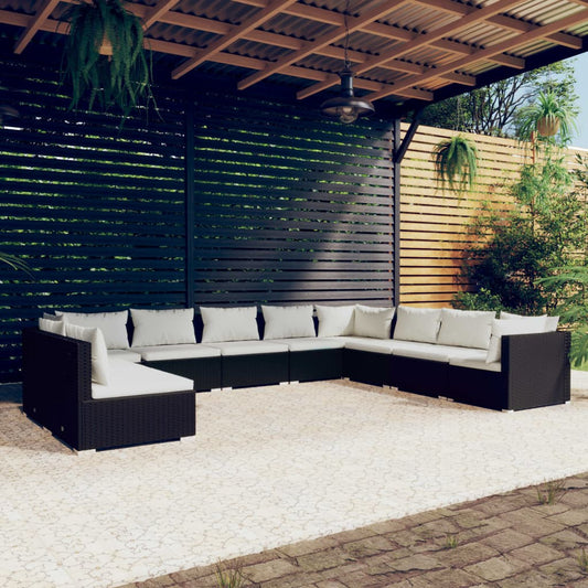 vidaXL 10 Piece Patio Lounge Set with Cushions Black Poly Rattan-0