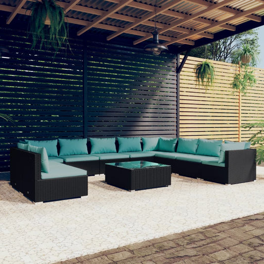 vidaXL 11 Piece Patio Lounge Set with Cushions Black Poly Rattan-0