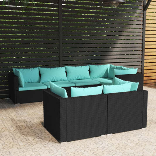 vidaXL 7 Piece Patio Lounge Set with Cushions Black Poly Rattan-0