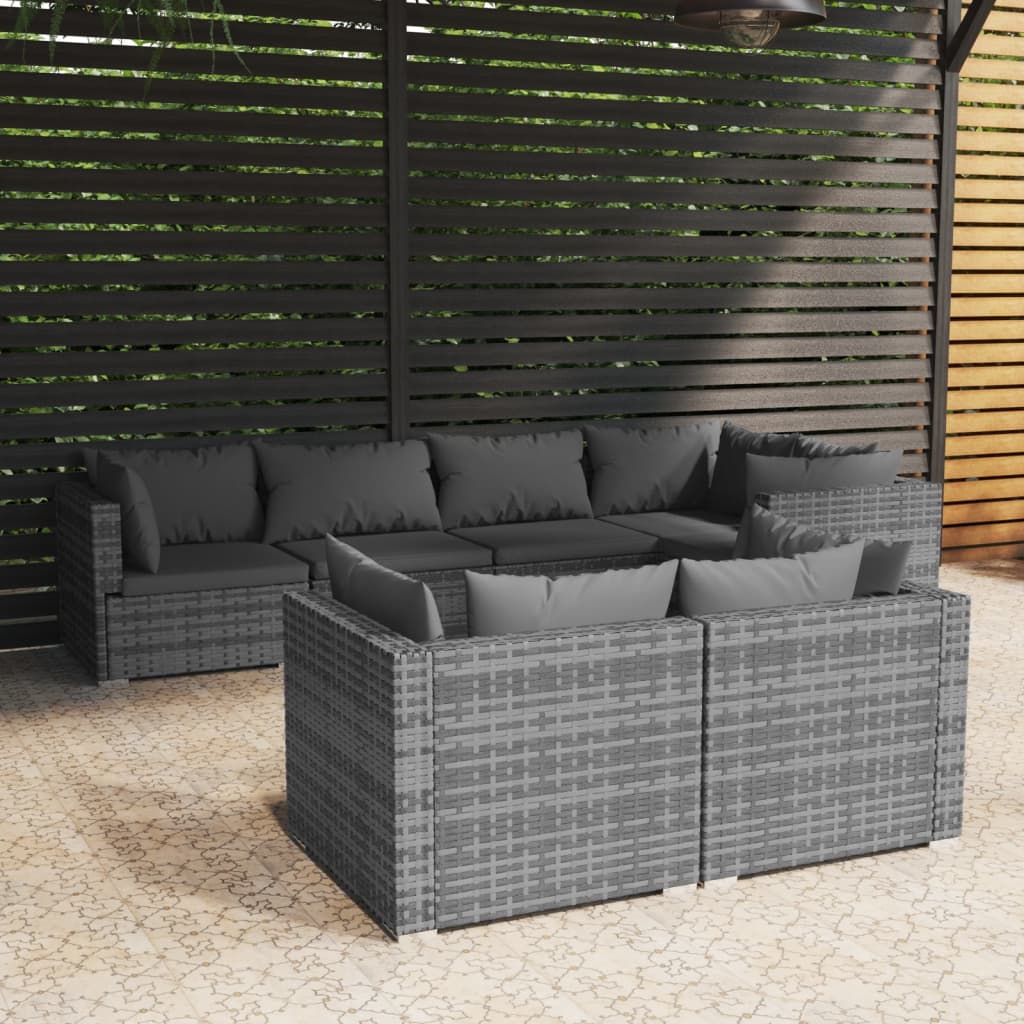 vidaXL 7 Piece Patio Lounge Set with Cushions Gray Poly Rattan-0