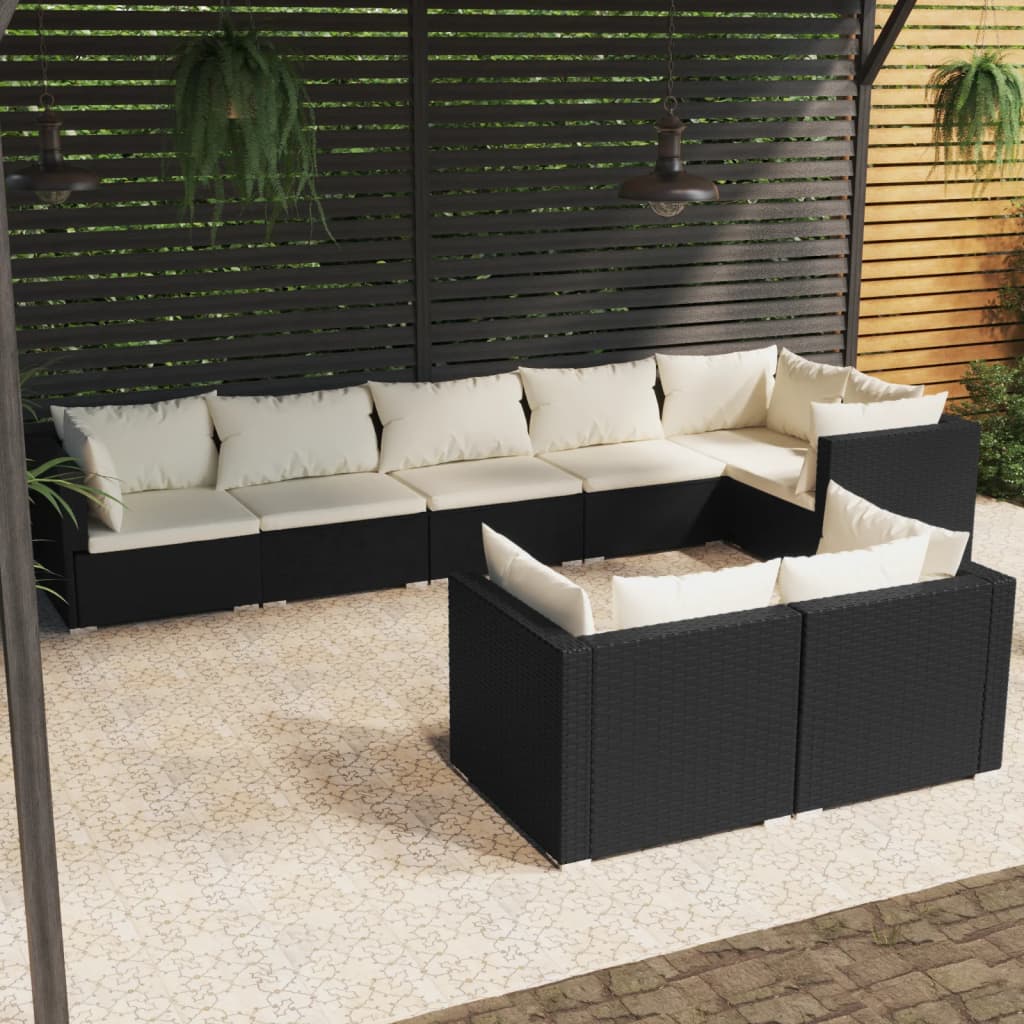 vidaXL 8 Piece Garden Lounge Set with Cushions Black Poly Rattan-0
