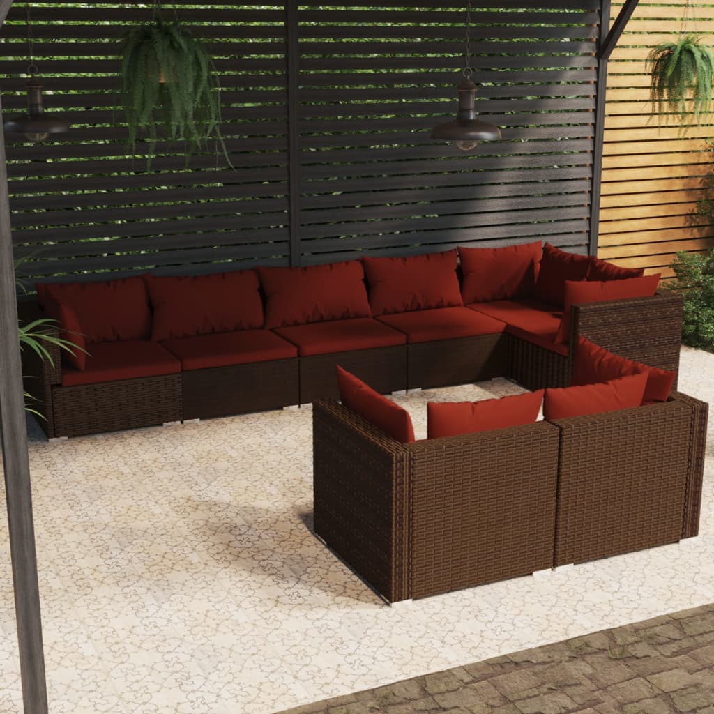 vidaXL 8 Piece Patio Lounge Set with Cushions Brown Poly Rattan-0