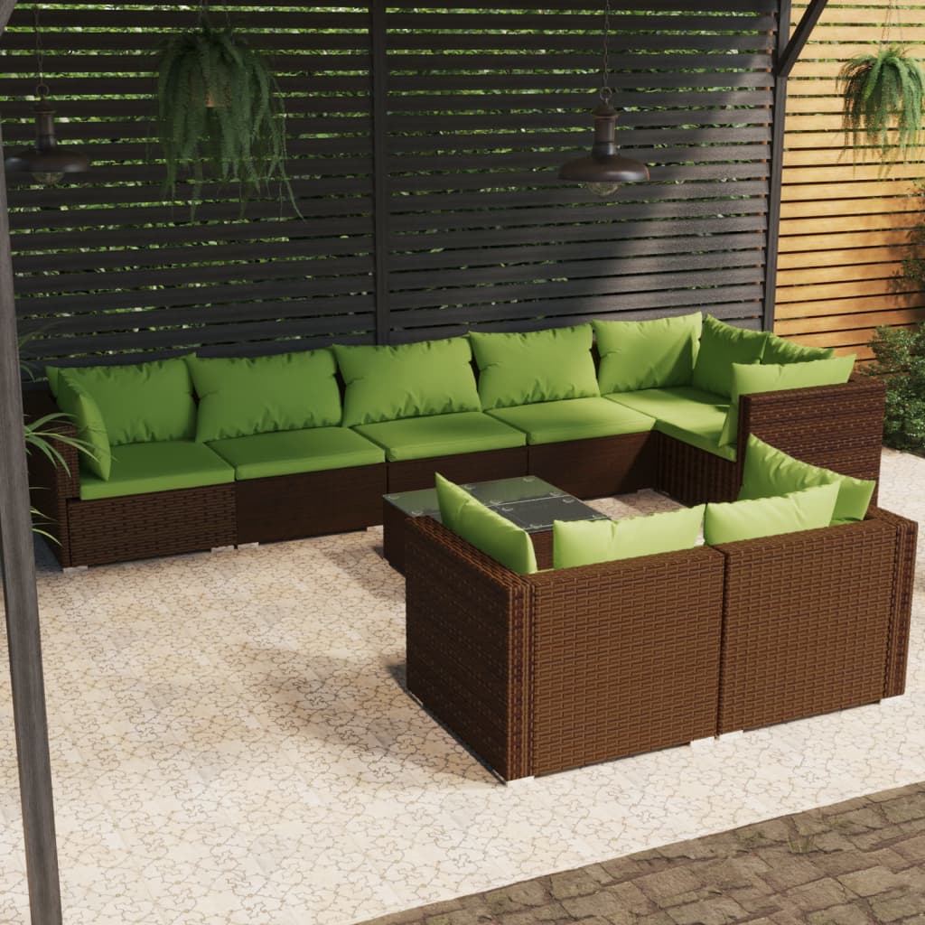 vidaXL 9 Piece Patio Lounge Set with Cushions Brown Poly Rattan-0