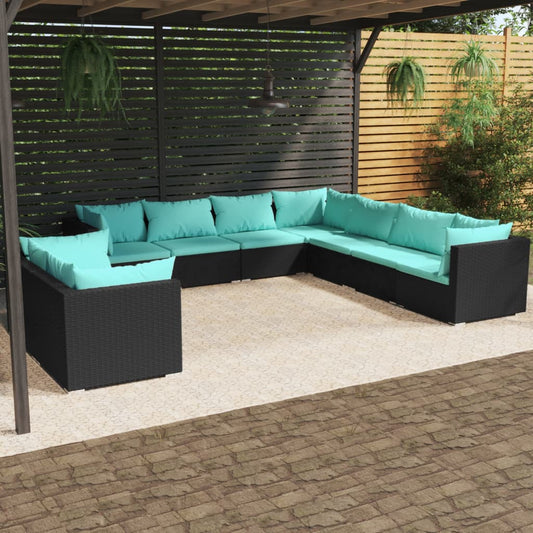 vidaXL 9 Piece Patio Lounge Set with Cushions Black Poly Rattan-0