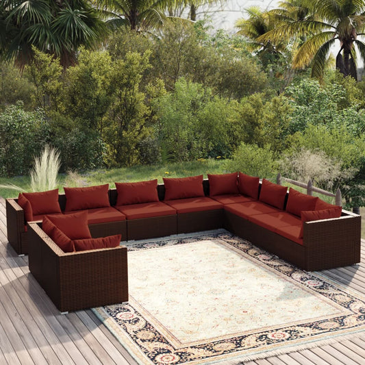 vidaXL 10 Piece Patio Lounge Set with Cushions Brown Poly Rattan-0
