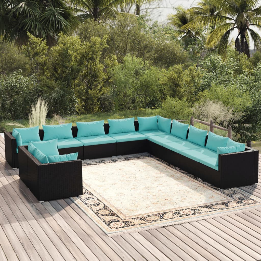 vidaXL 11 Piece Patio Lounge Set with Cushions Black Poly Rattan-0