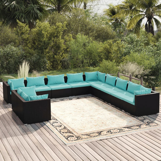 vidaXL 11 Piece Patio Lounge Set with Cushions Black Poly Rattan-0