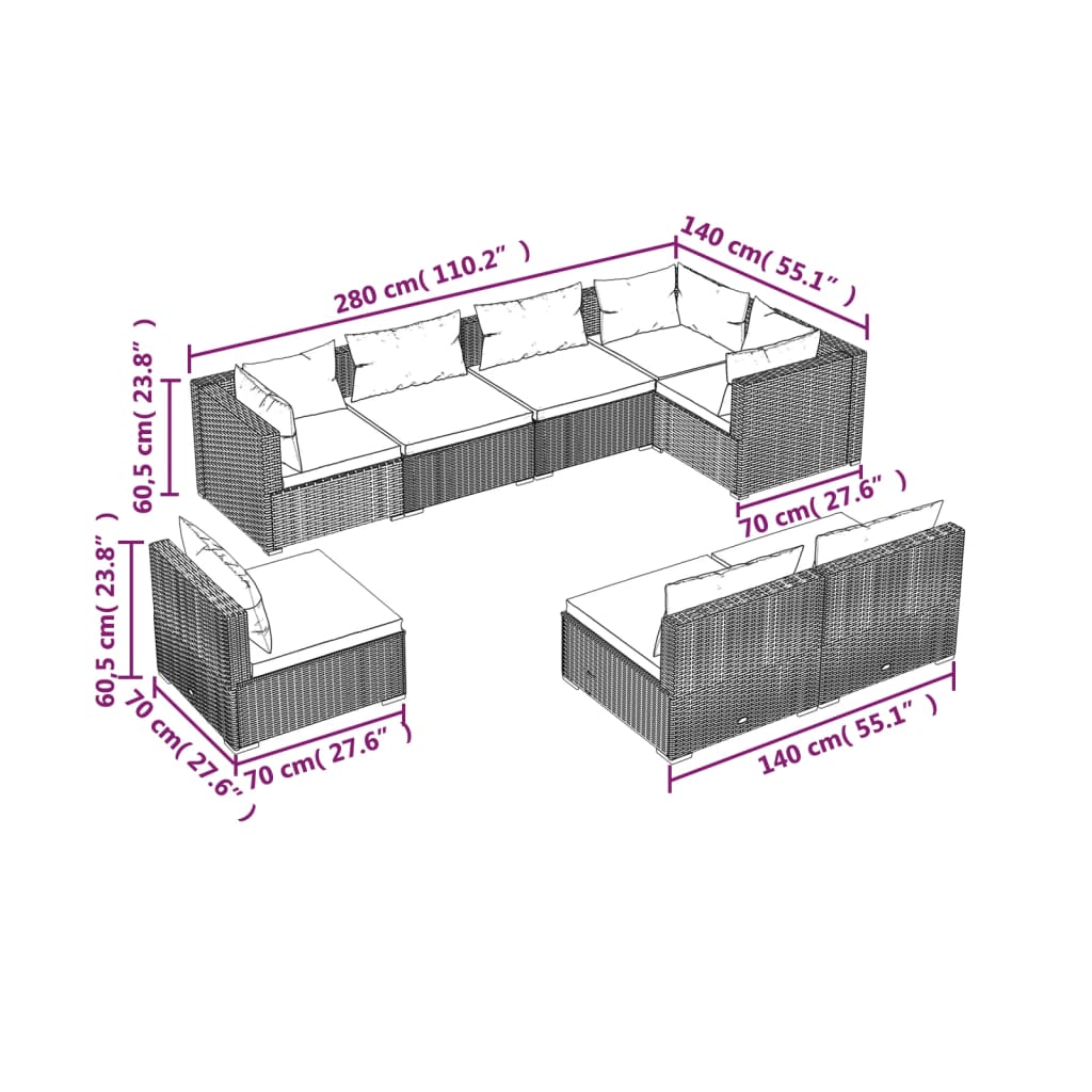 vidaXL 8 Piece Patio Lounge Set with Cushions Poly Rattan Black-3