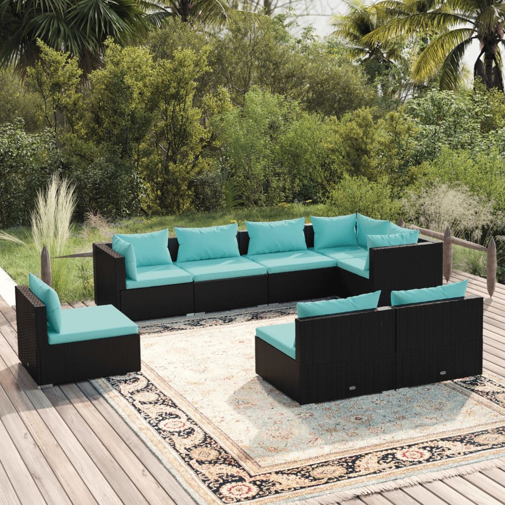 vidaXL 8 Piece Patio Lounge Set with Cushions Poly Rattan Black-0