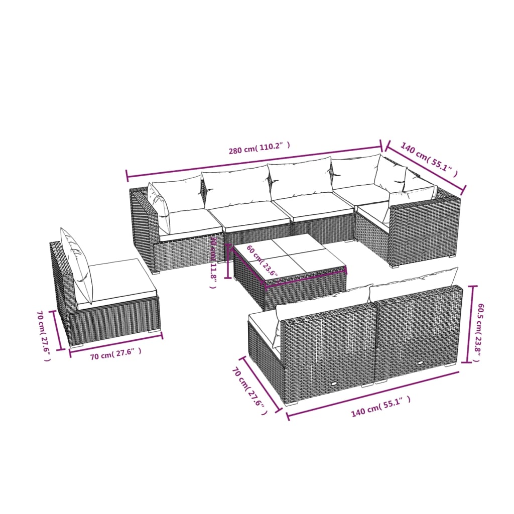 vidaXL 9 Piece Patio Lounge Set with Cushions Poly Rattan Brown-4