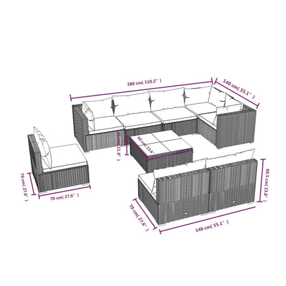 vidaXL 9 Piece Patio Lounge Set with Cushions Poly Rattan Brown-4