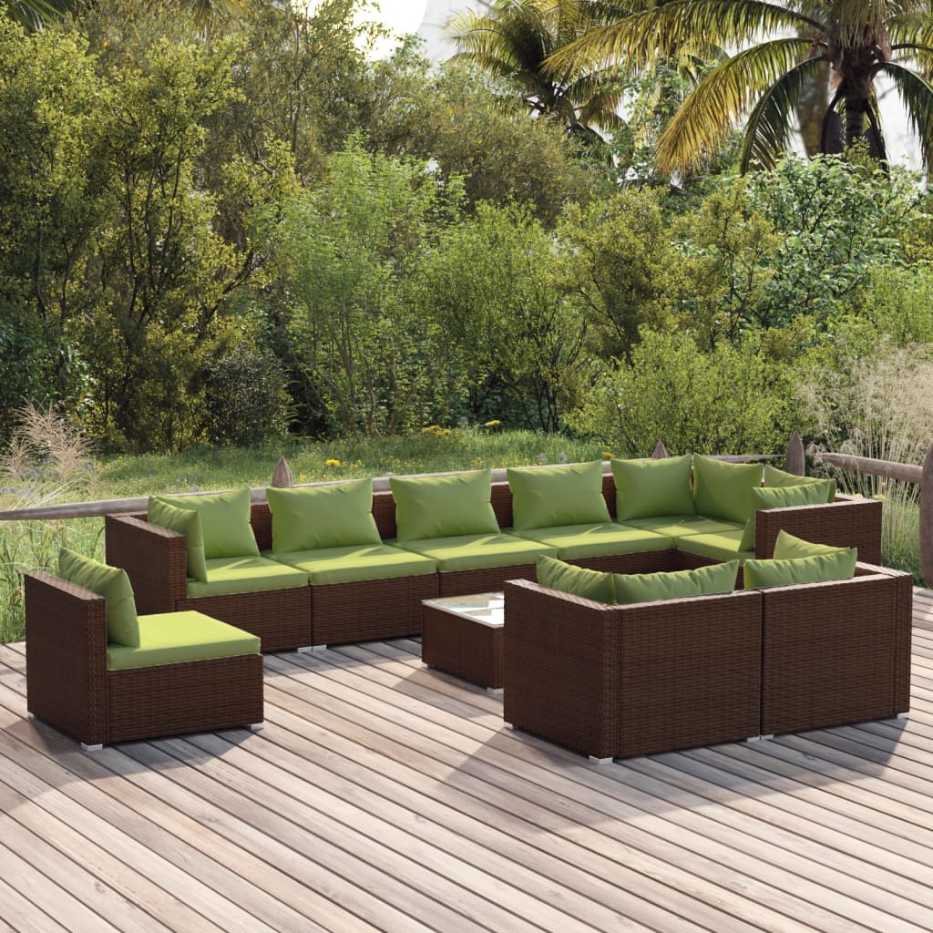 vidaXL 10 Piece Patio Lounge Set with Cushions Poly Rattan Brown-0