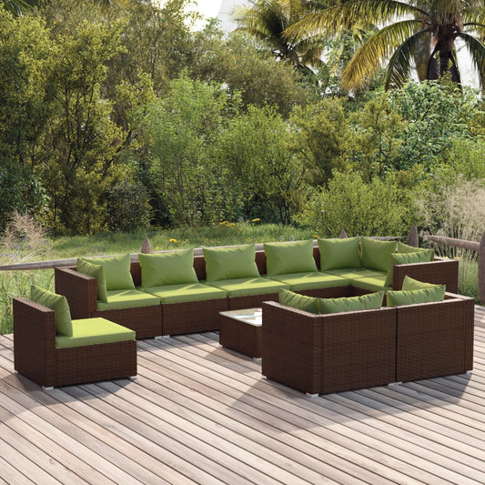 vidaXL 10 Piece Patio Lounge Set with Cushions Poly Rattan Brown-0