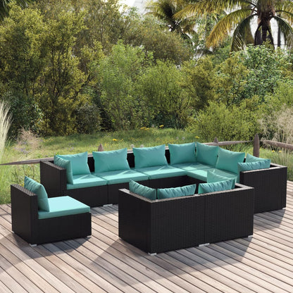 vidaXL 9 Piece Patio Lounge Set with Cushions Poly Rattan Black-0
