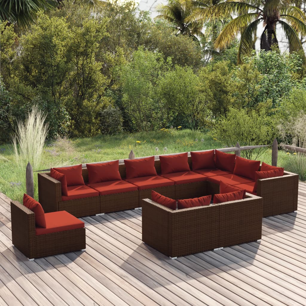 vidaXL 10 Piece Patio Lounge Set with Cushions Poly Rattan Brown-0